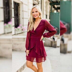 Haute Monde Burgundy Red Swiss Dot Ruffled Faux Wrap Long Sleeve Dress Large
